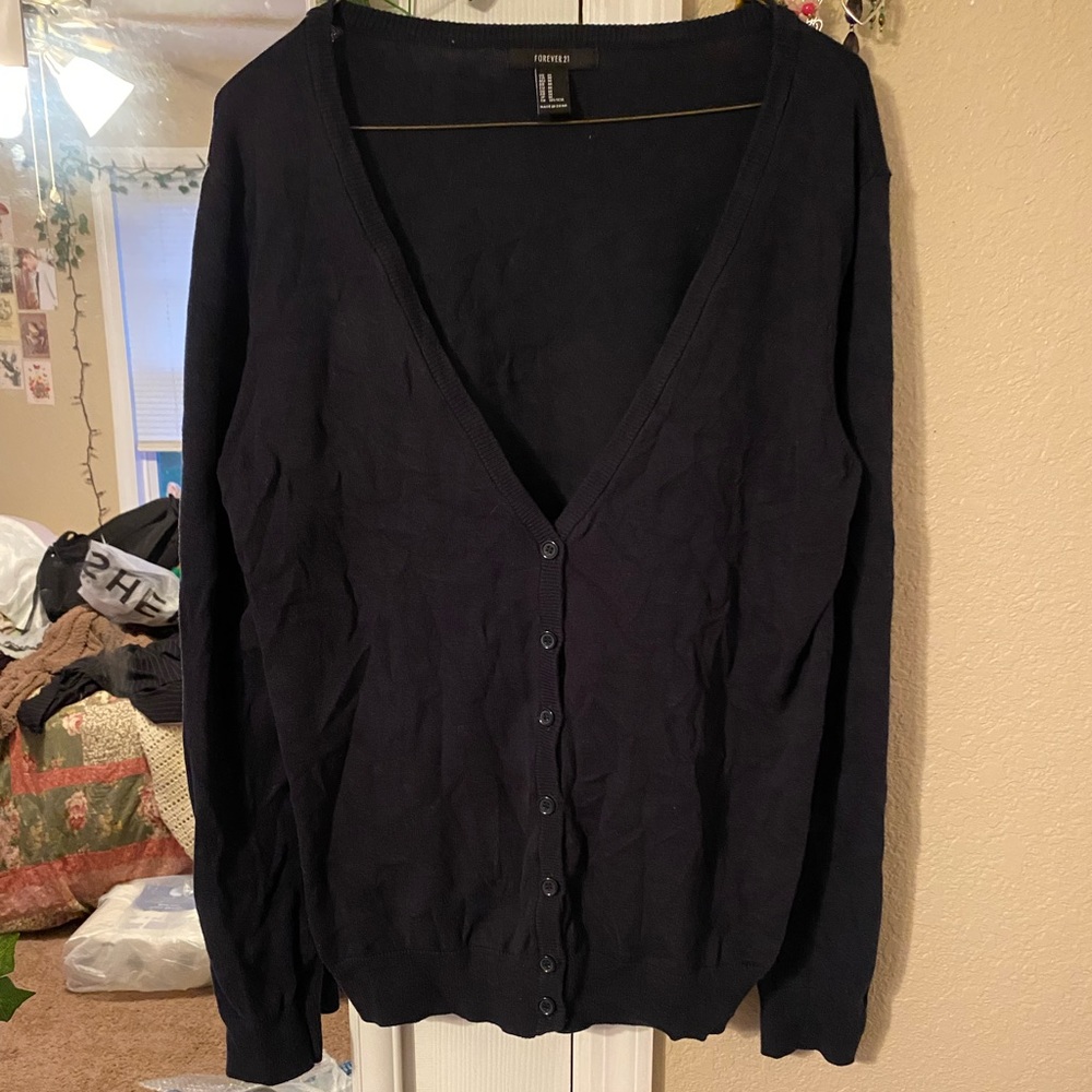 forever 21 navy button up cardigan 𖡼.𖤣𖥧